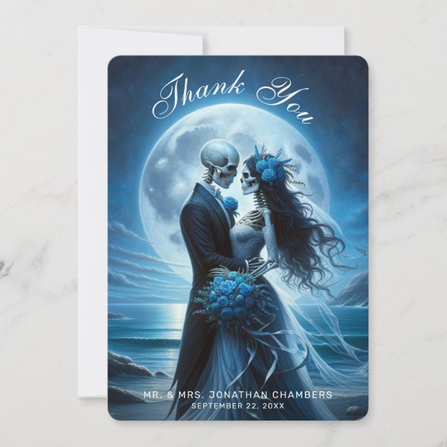 Tarjeta De Agradecimiento Gothic Blue Skeleton Couple Wedding Thank You (Anverso)