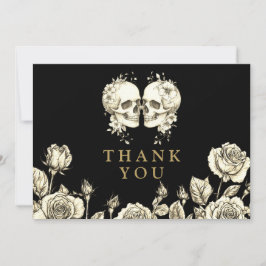 Tarjeta De Agradecimiento Gothic Floral Skulls Wedding Black And Gold