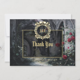 Tarjeta De Agradecimiento Gothic Ruins Roses Floral Black And Gold Wedding
