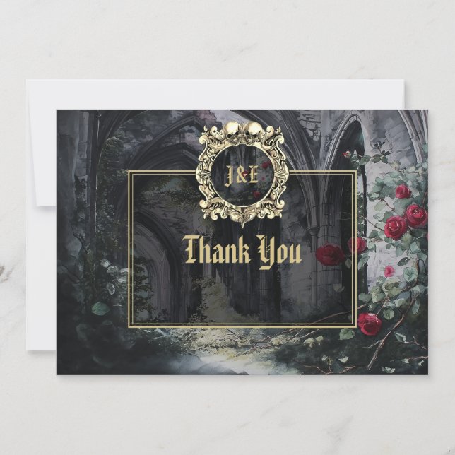 Tarjeta De Agradecimiento Gothic Ruins Roses Floral Black And Gold Wedding (Anverso)
