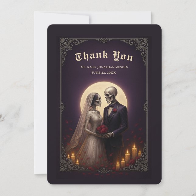 Tarjeta De Agradecimiento Gothic Skeleton Couple Elegant Wedding Thank You (Anverso)