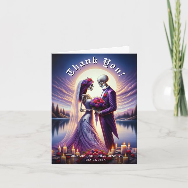 Tarjeta De Agradecimiento Gothic Skeleton Couple Red Roses Wedding (Anverso)