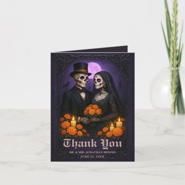 Tarjeta De Agradecimiento Gothic Skull Candy Couple  Wedding Thank You (Anverso)
