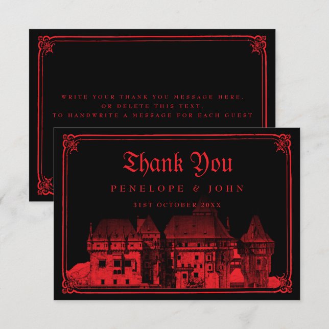 Tarjeta De Agradecimiento Gothic Vampire Castle Black Red Wedding (Anverso / Reverso)
