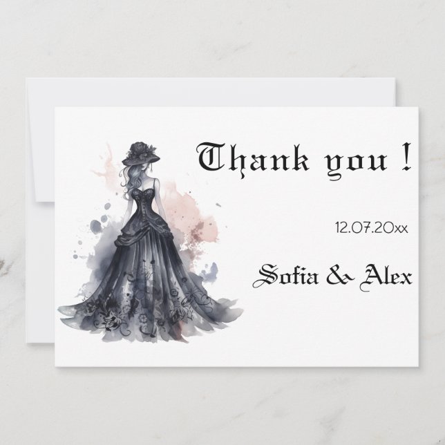 Tarjeta De Agradecimiento Gótico acuarela boda vestido negro salva la fecha (Anverso)