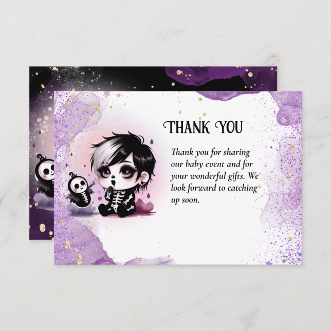 Tarjeta De Agradecimiento Gótico Baby Boy Shower Purple Black Gracias (Anverso / Reverso)