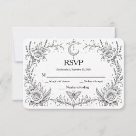 Tarjeta De Agradecimiento Gótico Botánico RSVP Negro y Blanco