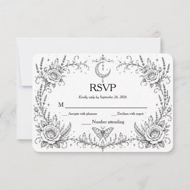 Tarjeta De Agradecimiento Gótico Botánico RSVP Negro y Blanco (Anverso)