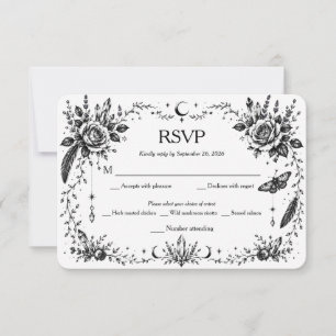 Tarjeta De Agradecimiento Gótico Botánico RSVP Negro y Blanco
