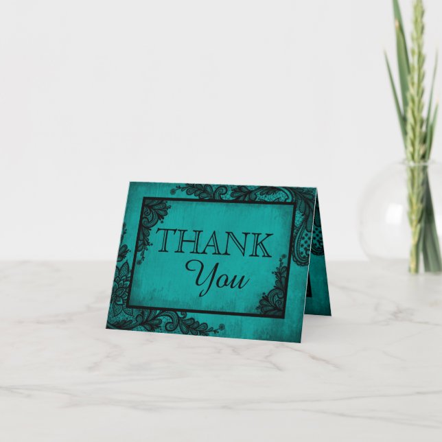 Tarjeta De Agradecimiento Gótico moderno Verde azulado de Black Lace Gracias (Anverso)