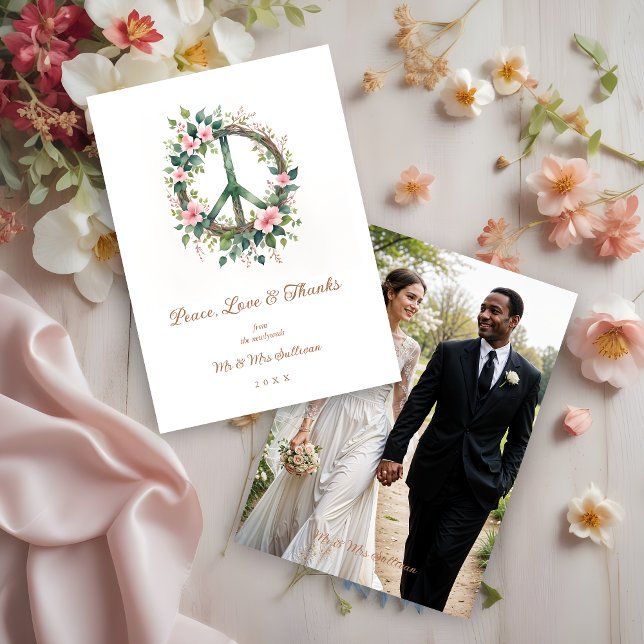 Tarjeta De Agradecimiento Graceful Floral Wood Peace Symbol Photo Wedding (Graceful and Cherish Floral Wood Peace Symbol Photo Wedding Thank You Card.)
