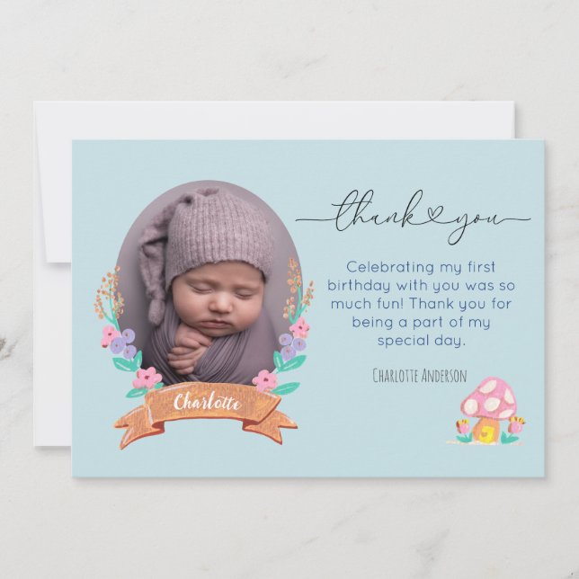 Tarjeta De Agradecimiento Gracets Blossoms Mensaje de foto azul floral (Anverso)