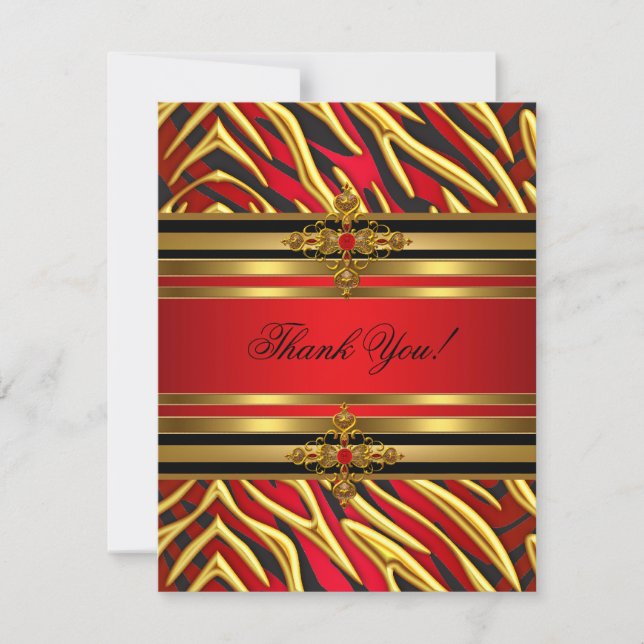Tarjeta De Agradecimiento Gracias 50 cumpleaños partido Red Zebra Gold Black (Anverso)