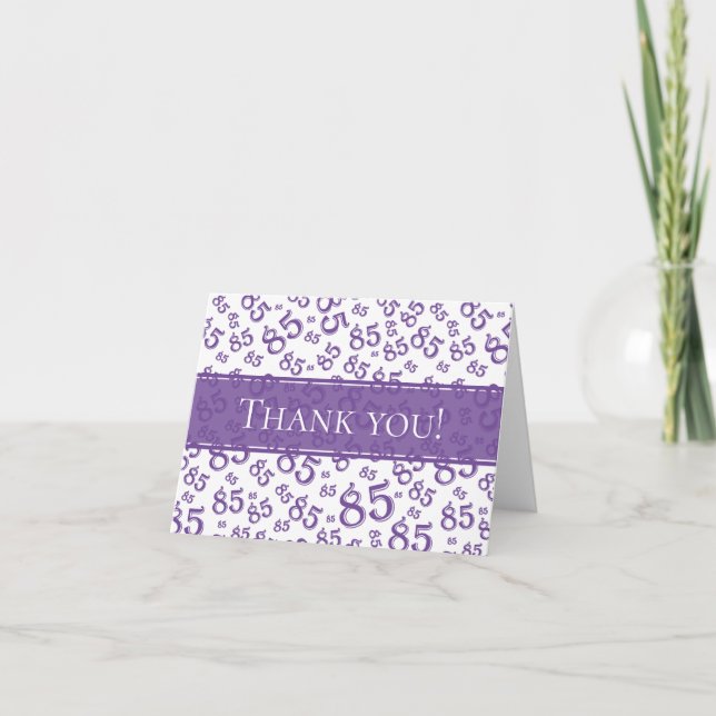 Tarjeta De Agradecimiento "¡Gracias!" 85º patrón de números morado y blanco (Anverso)