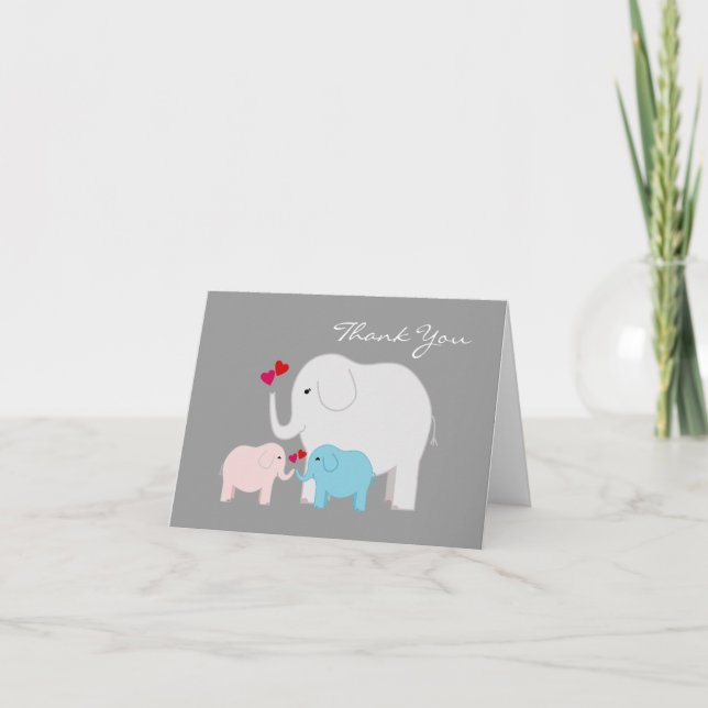 Tarjeta De Agradecimiento Gracias a los elefantes en gemelos azules y rosas (Anverso)