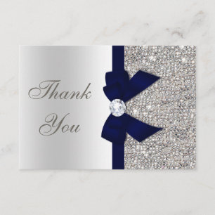 Tarjeta De Agradecimiento Gracias a Navy Blue Faux Bow Silver Sequines
