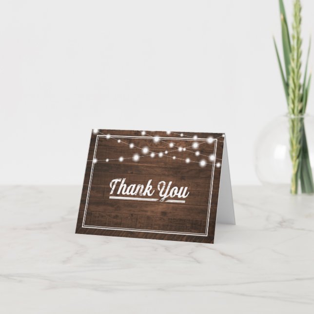 Tarjeta De Agradecimiento Gracias a Rustic Wood con String Lights (Anverso)