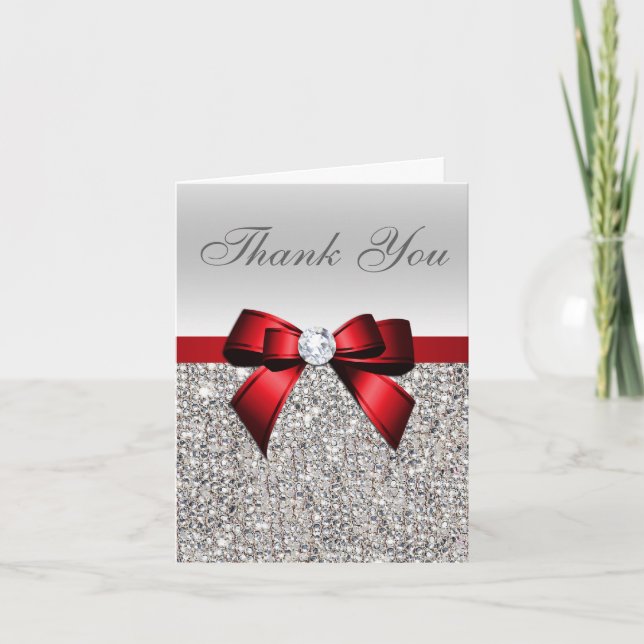 Tarjeta De Agradecimiento Gracias a Silver Sequines Red Diamond Bow (Anverso)