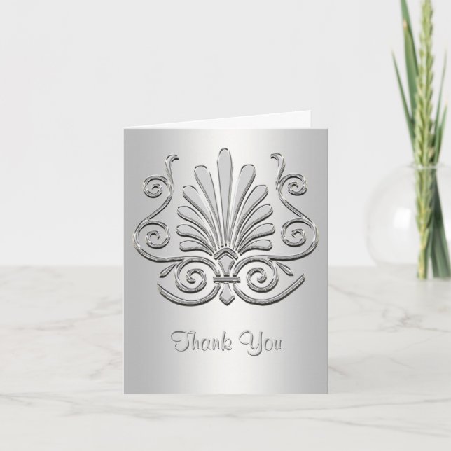 Tarjeta De Agradecimiento Gracias a Silver White Art Deco Damask (Anverso)
