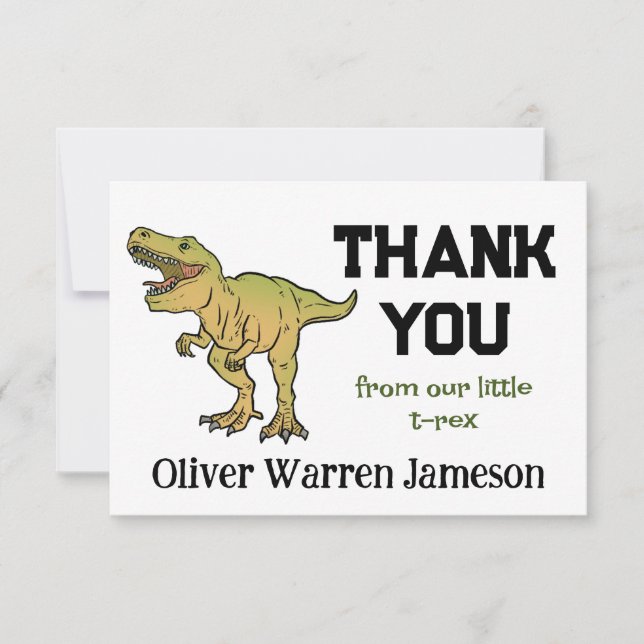 Tarjeta De Agradecimiento Gracias a T-REX Dinosaur Boy cualquier cumpleaños  (Anverso)
