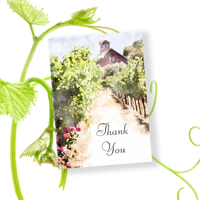 Tarjeta De Agradecimiento Gracias a Vineyard y a Red Barn Watercolor Boda (Say thanks after your winery wedding or shower with the Vineyard and Red Barn Thank You Note Card.)