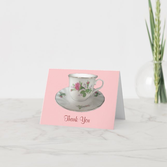 Tarjeta De Agradecimiento Gracias a White Teacup y Saucer with Pink Roses (Anverso)