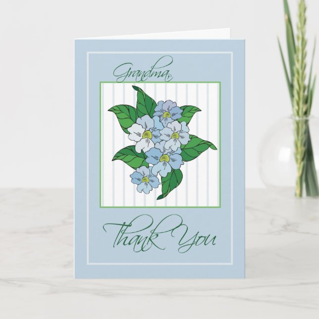 Tarjeta De Agradecimiento Gracias abuela con Ilustracion de las flores azule (Anverso)
