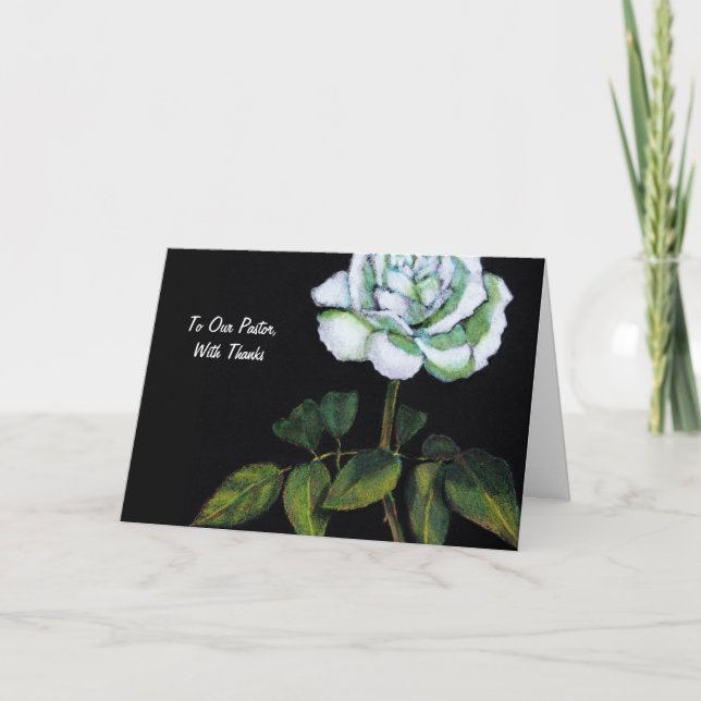 Tarjeta De Agradecimiento Gracias al Pastor: Rosa Blanca Única sobre Negro (Anverso)