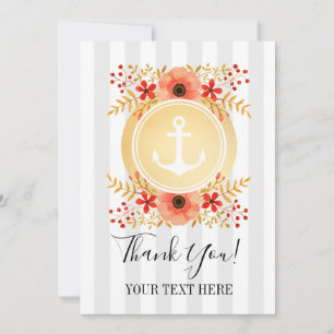 Tarjeta De Agradecimiento Gracias Ancla Náutica Dorada Acuarela Floral