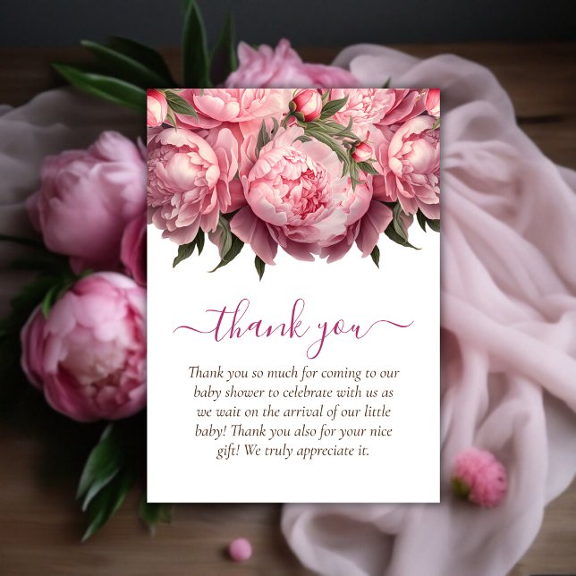 Tarjeta De Agradecimiento Gracias Baby Shower a Pink Peonies (Pink Peonies Watercolor Baby Shower Thank You)