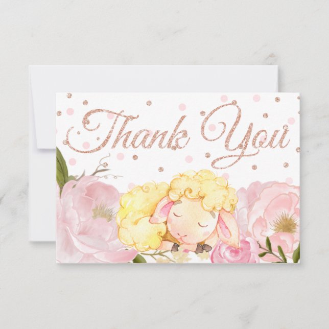 Tarjeta De Agradecimiento Gracias Baby Shower a Pink Peony Rosa Gold Sheep (Anverso)