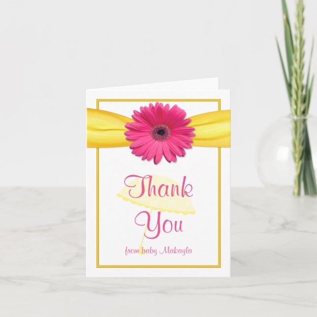 Tarjeta De Agradecimiento Gracias Baby Shower amarillo rosado Gerber Daisy (Anverso)