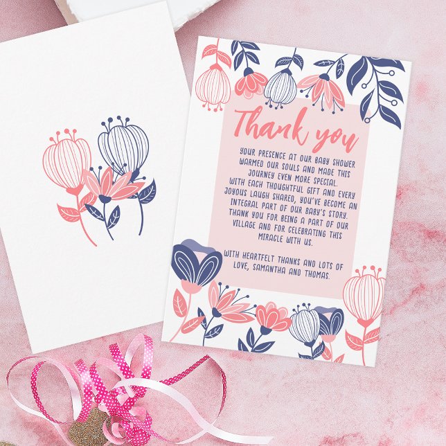 Tarjeta De Agradecimiento Gracias Baby Shower Botánico de Flores Azules Rosa (Subido por el creador)