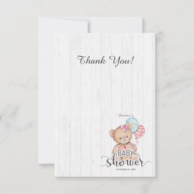 Tarjeta De Agradecimiento Gracias Baby Shower, Chica de Oso de Globo de Made (Anverso)