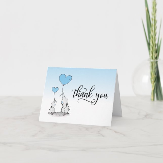 Tarjeta De Agradecimiento GRACIAS Baby Shower Elephant BOY Blue | BLANCO (Anverso)
