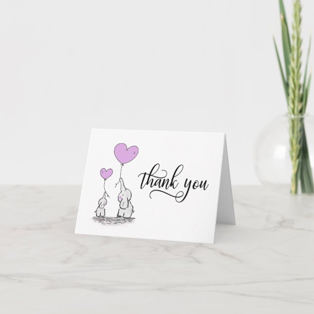 Tarjeta De Agradecimiento GRACIAS Baby Shower Elephant LAVENDER | BLANCO (Anverso)