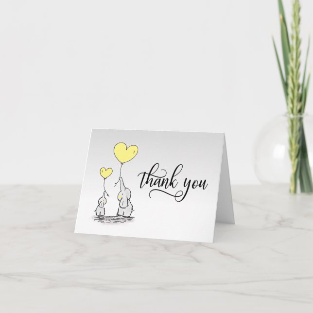 Tarjeta De Agradecimiento GRACIAS Baby Shower Elephant YELLOW Gray | BLANCO (Anverso)
