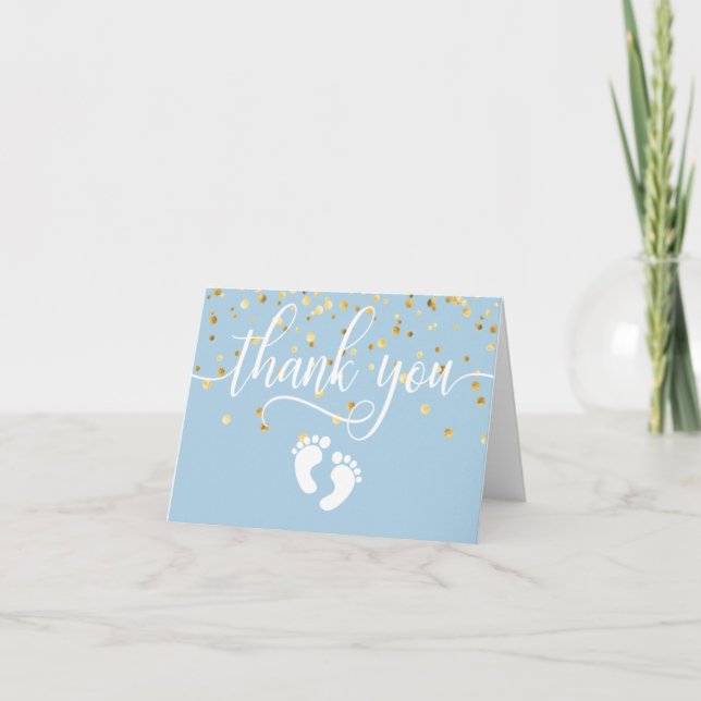 Tarjeta De Agradecimiento GRACIAS Baby Shower Feet Blue Gold BOY | EN BLANCO (Anverso)