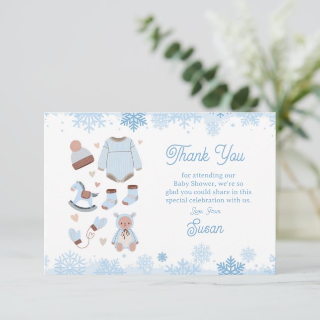 Tarjeta De Agradecimiento Gracias Baby Shower Frío Fuera De Nieve Blue Boy (Anverso de pie)