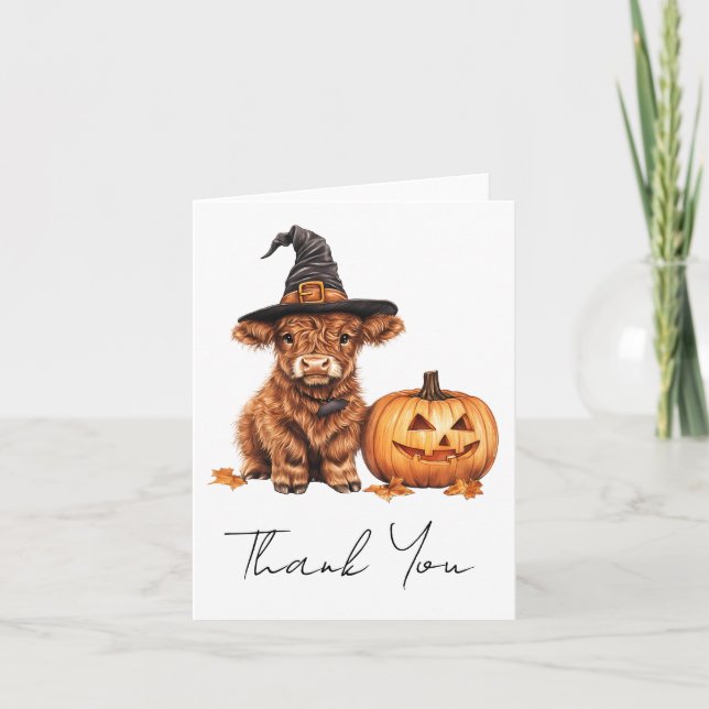 Tarjeta De Agradecimiento Gracias Baby Shower Highland Cow Halloween (Anverso)
