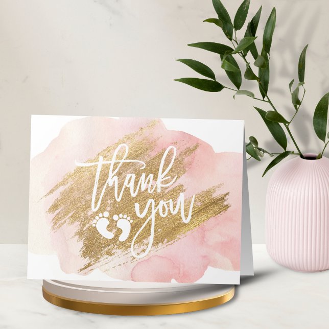 Tarjeta De Agradecimiento GRACIAS Baby Shower Pink Gold Watercolor (Subido por el creador)
