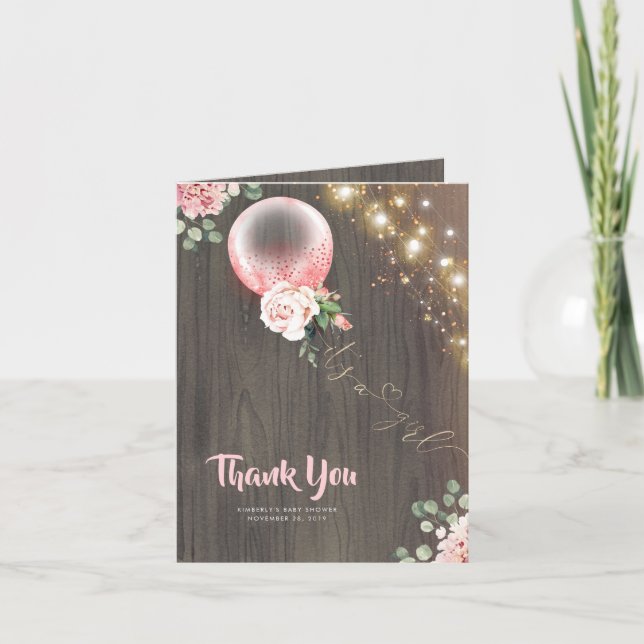 Tarjeta De Agradecimiento Gracias Baby Shower por globo floral rosa (Anverso)