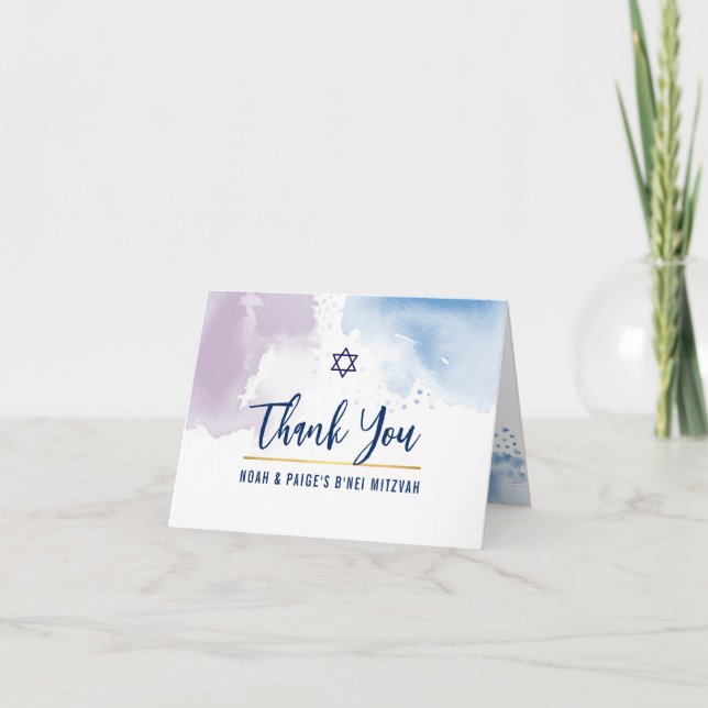 Tarjeta De Agradecimiento GRACIAS BAR MITZVAH estrella color púrpura azul (Anverso)