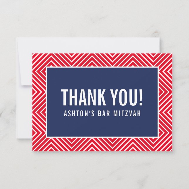 Tarjeta De Agradecimiento GRACIAS BAR MITZVAH moderna geométrica marina roja (Anverso)