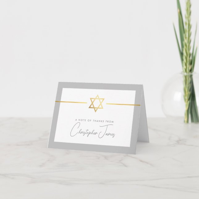 Tarjeta De Agradecimiento GRACIAS bar mitzvah moderno jewish star gris (Anverso)