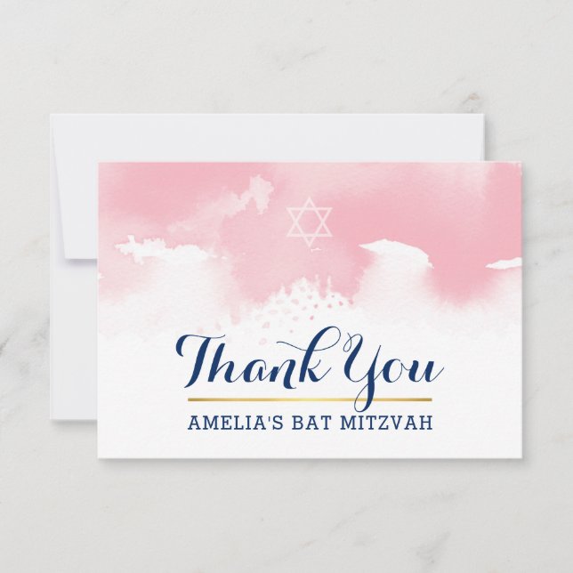 Tarjeta De Agradecimiento GRACIAS BAT MITZVAH, la acuarela PINK de estrella  (Anverso)
