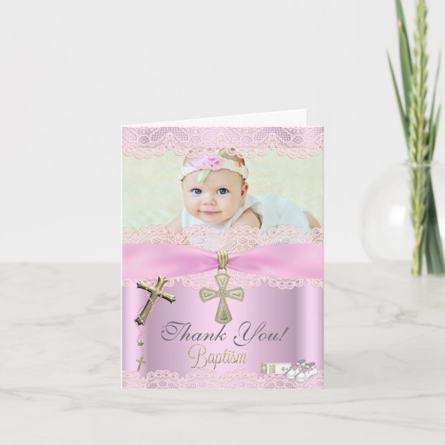 Tarjeta De Agradecimiento Gracias Bautismo Cruz Rosa Chica Lace (Anverso)