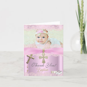 Tarjeta De Agradecimiento Gracias Bautismo Cruz Rosa Chica Lace