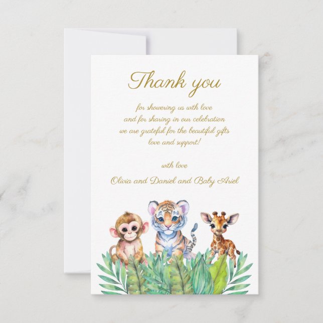 Tarjeta De Agradecimiento Gracias bebé mono tigre y jirafa personalizado (Anverso)