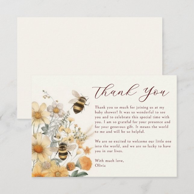Tarjeta De Agradecimiento Gracias Bee Wildflower Floral Baby Shower (Anverso / Reverso)